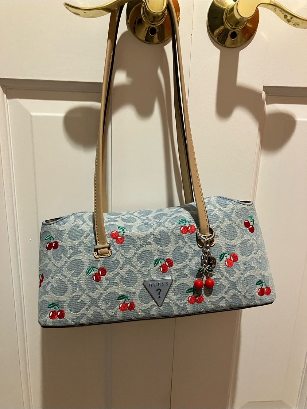 GUESS Light Blue Cherry-Print Shoulder Bag with Tan Straps